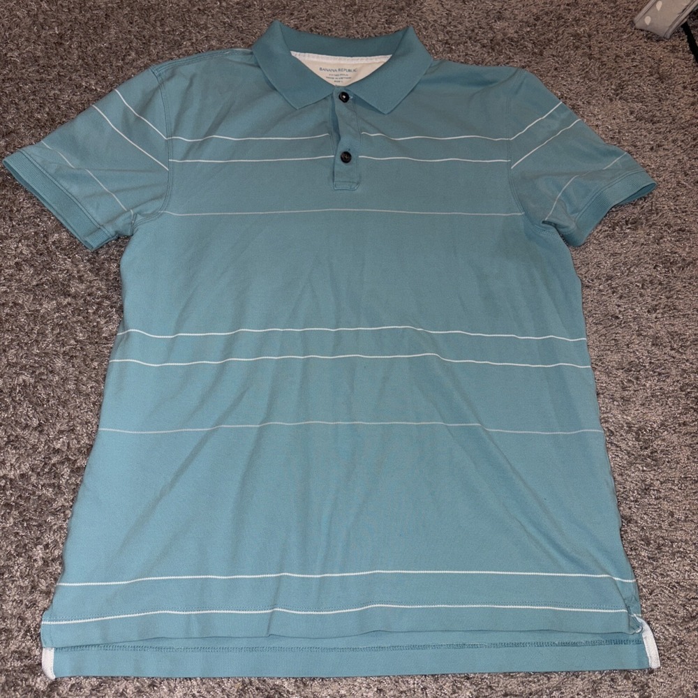 Banana Republic Polo Shirt Mens Size L Blue/White Striped Short Sleeve‎ Fitted